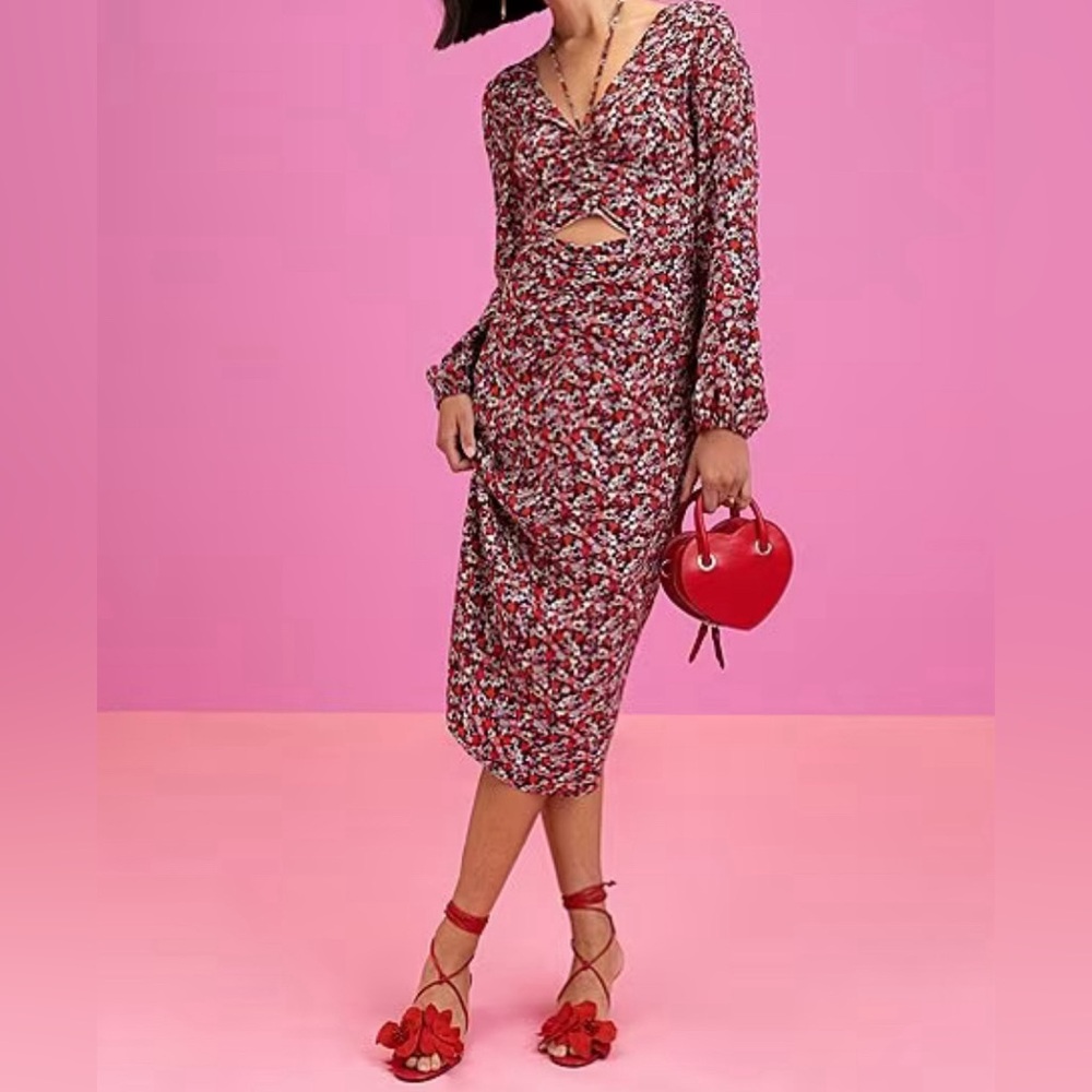 Floral Print Chiffon Halter Neck Long Sleeve Front Cut-Out Midi Dress